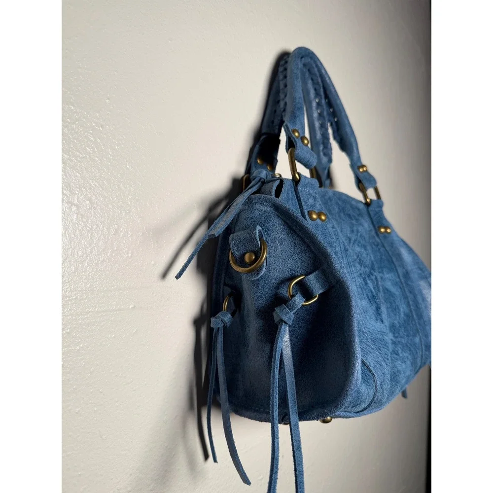 Gave Lux Le City Mini Blue Leather Satchel Handbag Made in Italy Crossbody